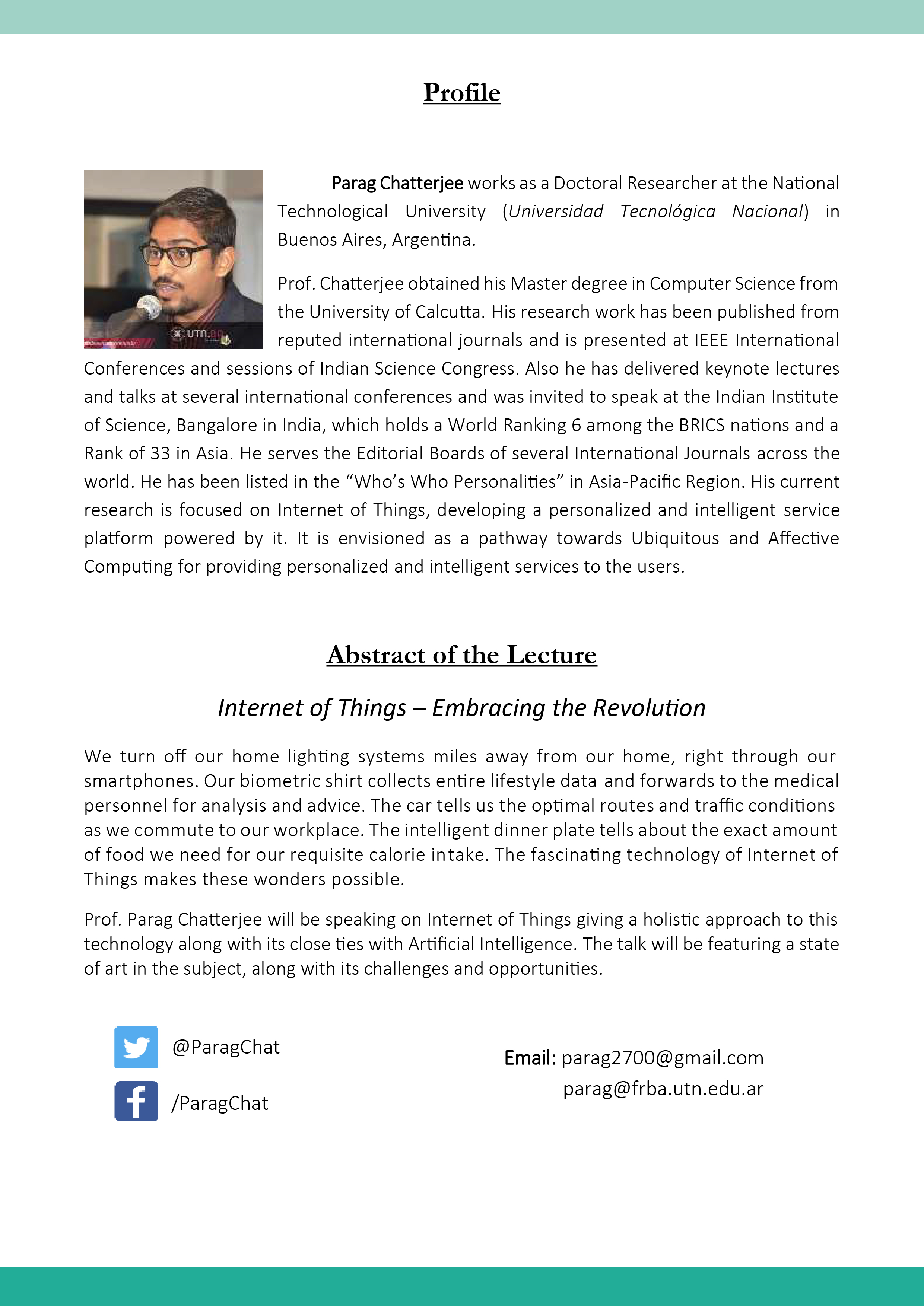 Bio and Lecture Abstract of Parag Chatterjee